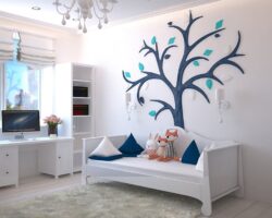 Pokój dziecka 8-10 m2 w bloku - łóżko piętrowe, biurko, szafa i miejsce do zabawy